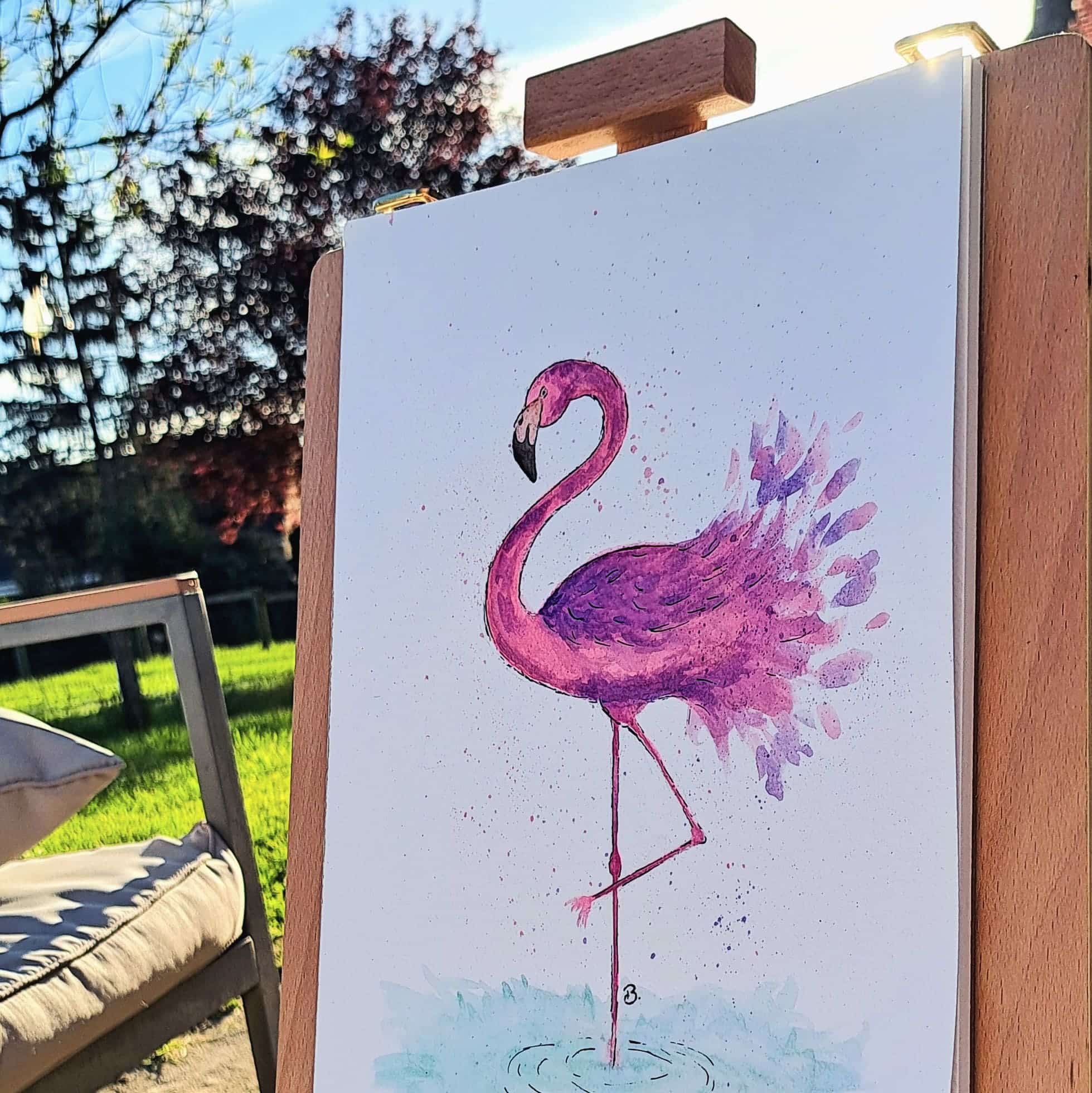 Flamant rose aquarelle et dessin feutre Bérénice Artiste Créatrice française peintre 71 Saône-et-Loire