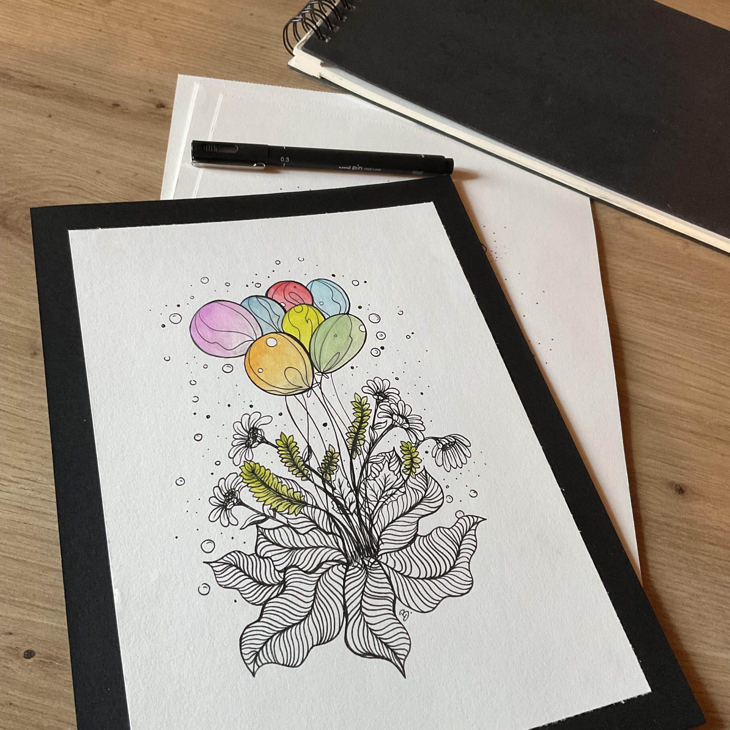 Bouquet de ballons dessin feutre Bérénice Artiste Créatrice française peintre 71 Saône-et-Loire